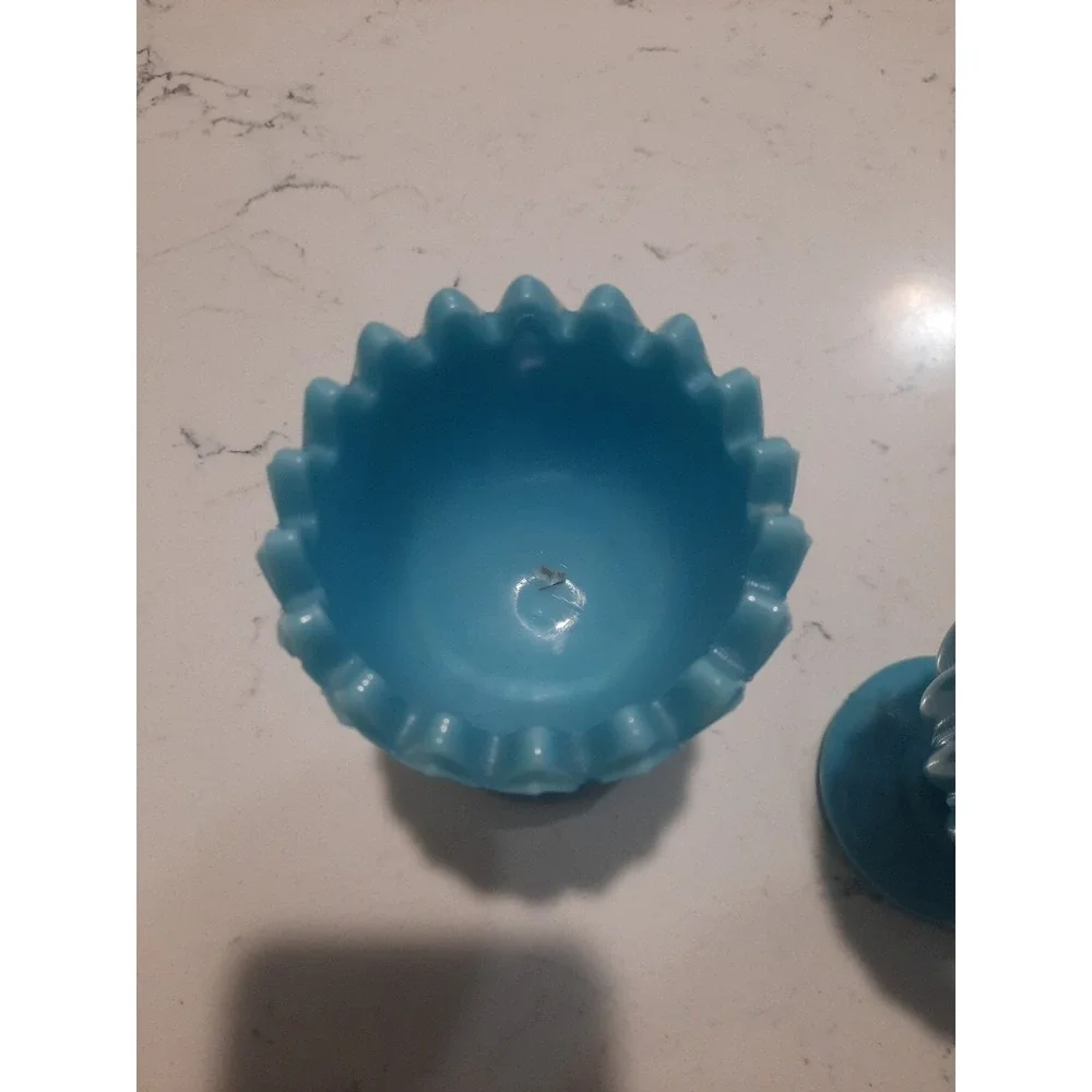 2  1930s PV Portieux Vallerysthal French Blue‎ Opalescent Glass Vase Rib Dot